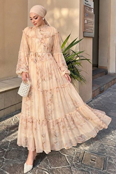 N.S NEVA STYLE فستان حجاب من الشيفون الأصفر المزخرف بطبقات متعددة 24790SR