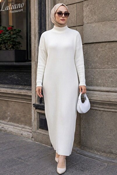 Neva Style Turtleneck Ecru Hijab Knitwear Dress 34150E