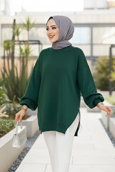 Neva Style Zincir Detaylı Zümrüt Yeşili Tesettür Kazak Tunik 17202ZY