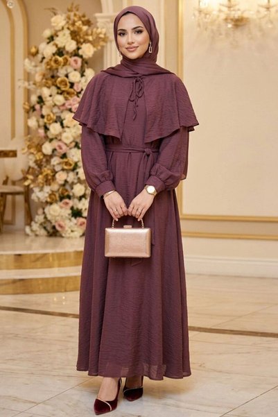 N.S NEVA STYLE Cape Detailed Scarf Collar Plum Hijab Dress 5326Mu