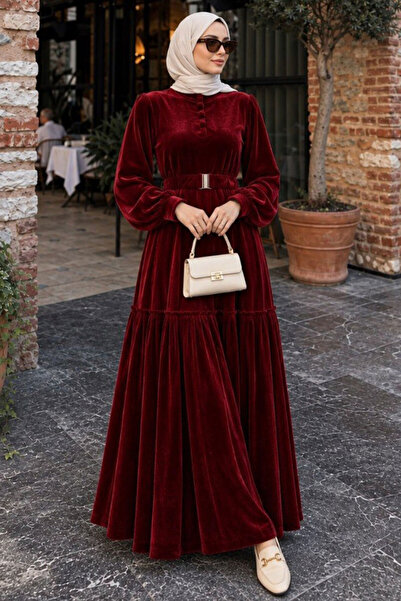 Neva Style Belted Burgundy Hijab Velvet Dress 36971Br
