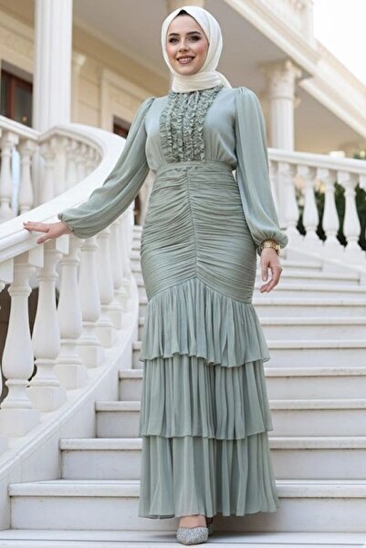 N.S NEVA STYLE Ruffle Detailed Mint Hijab Evening Dress 50271Mint