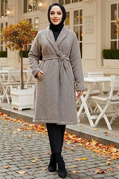 Neva Style Çizgili Bej Tesettür Kaşe Kap 60012BEJ