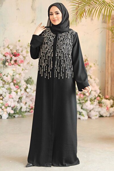 Neva Style Bead Embroidered Silver Hijab Ferace 29106GMS
