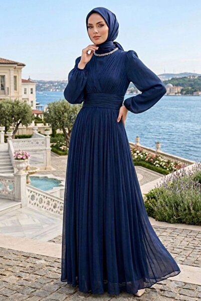 N.S NEVA STYLE Stone Collar Draped Navy Blue Hijab Evening Dress 4952L