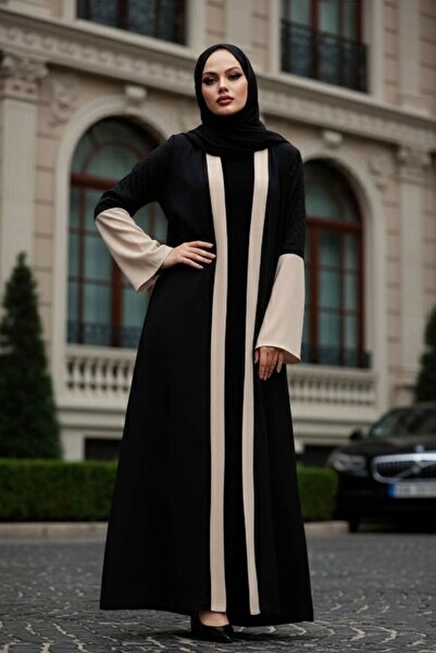 Neva Style Beige Hijab Abaya with Sleeves Detail 55510Bej