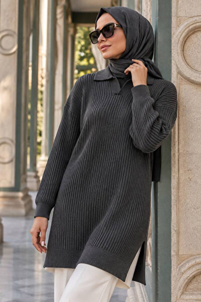 N.S NEVA STYLE Fitilli Antrasit Tesettür Triko Kazak Tunik 65903ANT