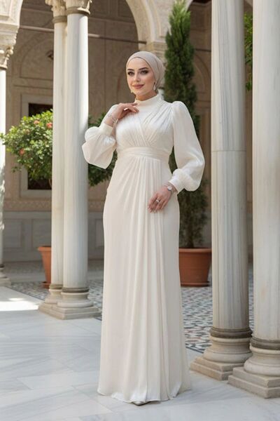 Neva Style Drape Detaylı Ekru Tesettür Abiye Elbise 50921E