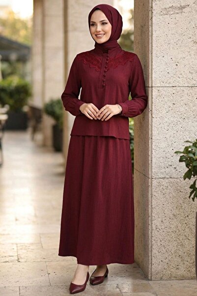 Neva Style Etekli Bordo Tesettür İkili Takım 20364BR
