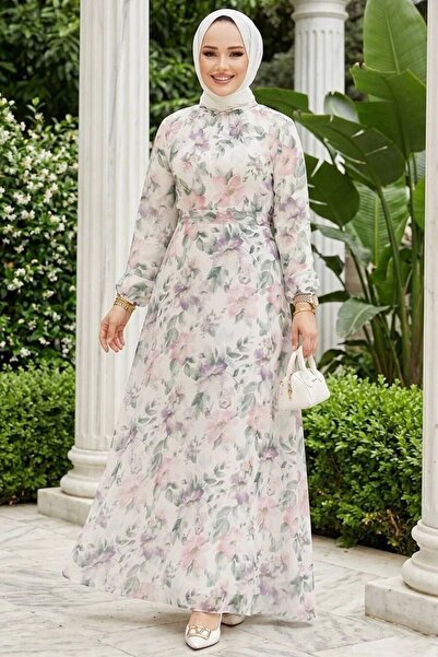 Neva Style فستان حجاب أبيض بنقشة زهور 27980B