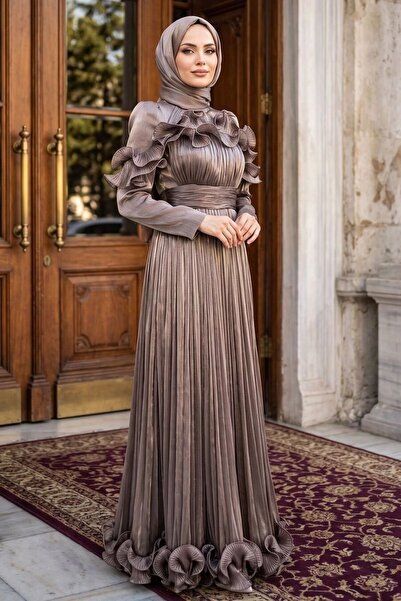 N.S NEVA STYLE Ruffle Detailed Dark Mink Hijab Evening Dress 56612Kv
