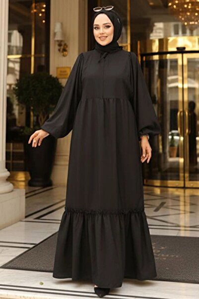 Neva Style Balloon Sleeve Black Hijab Poplin Dress 57341S