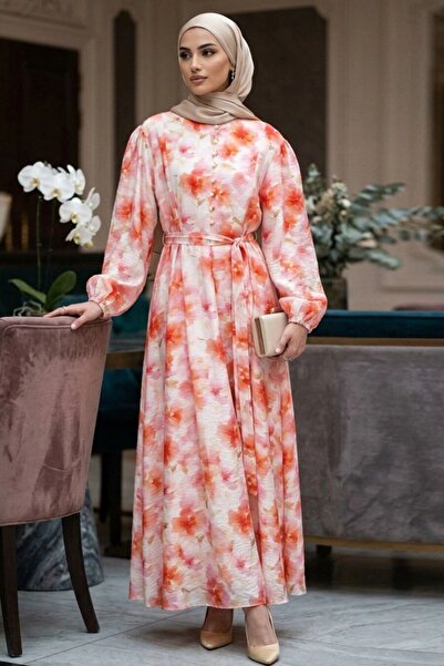 N.S NEVA STYLE Belted Floral Patterned Coral Hijab Dress 5340Mr