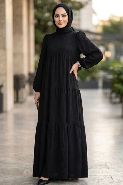 N.S NEVA STYLE فستان زارا كتان أسود طويل الأكمام بتصميم انسيابي 15702S