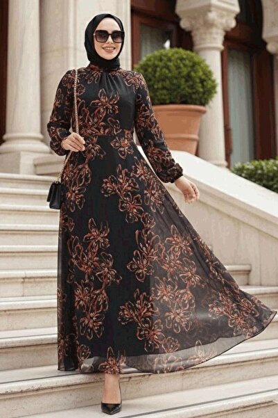 Neva Style Çiçek Desenli Siyah Tesettür Elbise 279911S