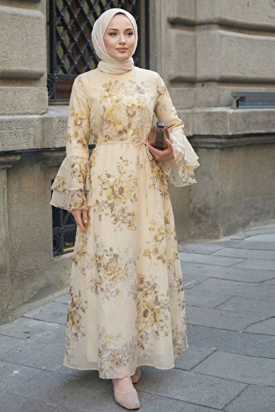 N.S NEVA STYLE فستان إسلامي أصفر بأكمام منفوشة ونقشة زهور 2503SR