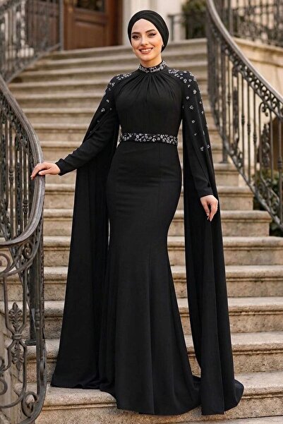 Neva Style Black Hijab Evening Dress with Cape 4863S