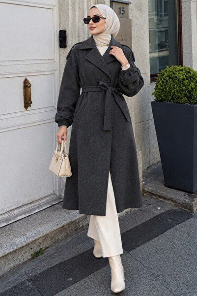 N.S NEVA STYLE Belted Smoked Cashmere Hijab Coat 61102Fu