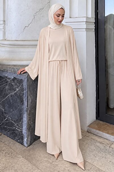 Neva Style Beige Ottoman Islamic Clothing Three-Piece Set with Long Outer Pie...
