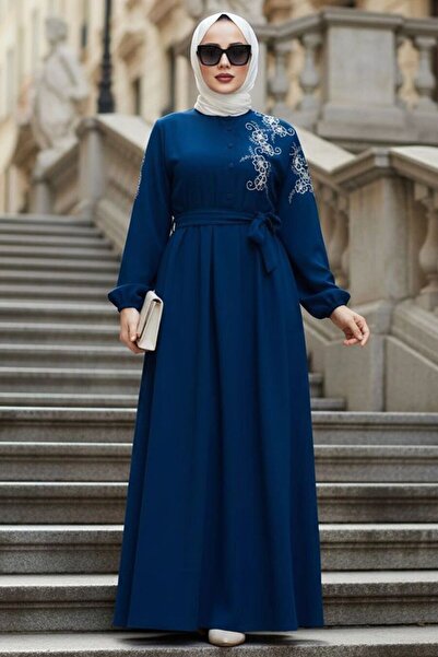 N.S NEVA STYLE Belted Petrol Blue Hijab Dress 30550Pm