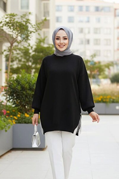 Neva Style Zincir Detaylı Siyah Tesettür Kazak Tunik 17202S