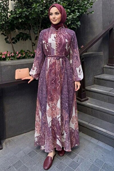 N.S NEVA STYLE Shawl Patterned Tie-Waist Lilac Hijab Dress 24960Lila