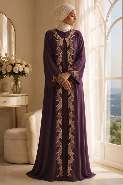 Neva Style عباءة بنفسجية مزينة بحزام وتطريز هندسي 29142MOR