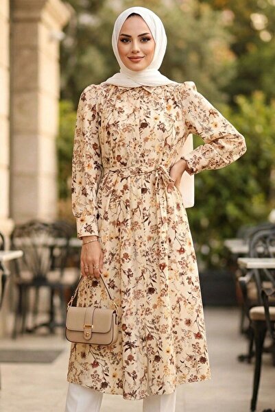 N.S NEVA STYLE Shirt Collar Floral Patterned Yellow Hijab Tunic 95730Sr