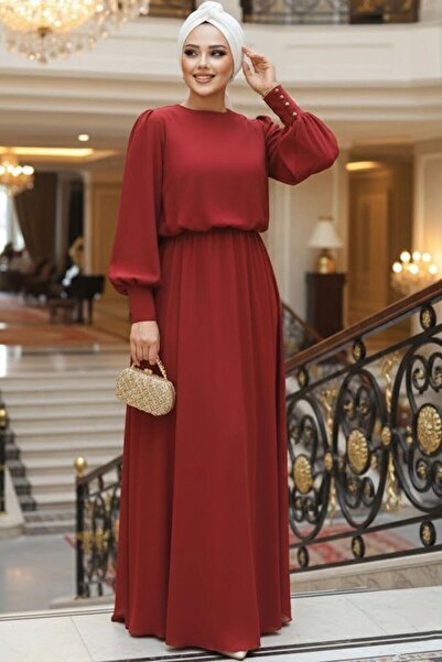 Neva Style فستان سهرة تيسيتير باللون العنابي مع أكمام دانتيل 54030BR
