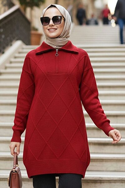 N.S NEVA STYLE Baklava Detaylı Kırmızı Tesettür Triko Kazak Tunik 83961K