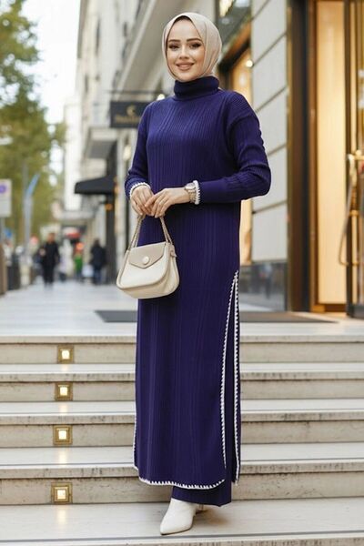 Neva Style Fitilli Lacivert Tesettür Triko İkili Takım 35971L