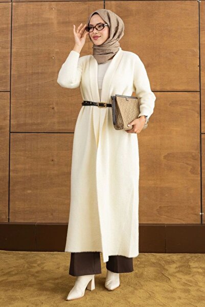 N.S NEVA STYLE Long Open Front Cream Beard Angora Hijab Knitwear Cardigan 251...