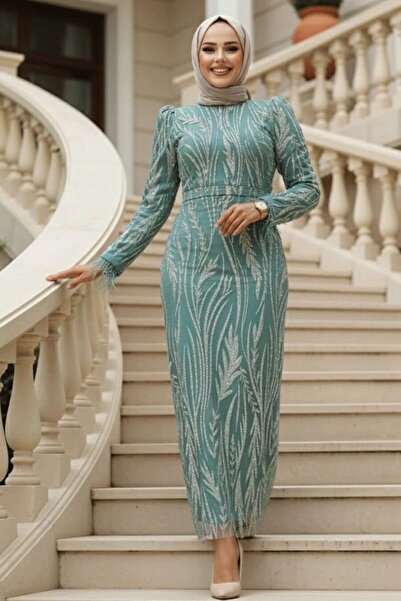 Neva Style Beaded Green Hijab Evening Dress 52053Cy