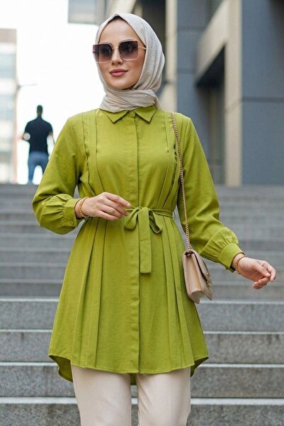 N.S NEVA STYLE Pile Detailed Oil Green Hijab Tunic 20273Yy