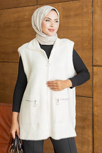 Neva Style Cream Hijab Knitwear Vest with Zipper Pocket 250735Kr