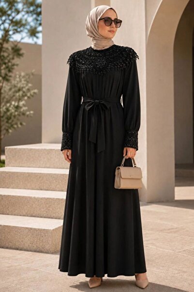 N.S NEVA STYLE Stone Embellished Belted Tanya Black Hijab Evening Dress 15649S