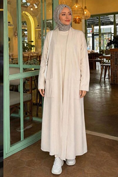 N.S NEVA STYLE Shawl Collar Pocketed Cream Hijab Knitwear Cardigan 40015Kr