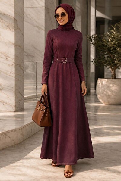 N.S NEVA STYLE Buckled Belt Pack Plum Hijab Denim Dress 6283Mu