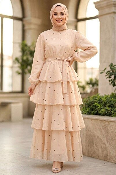N.S NEVA STYLE فستان حجاب مزين بالحجارة مع طبقات وكشكشة 5336TAS