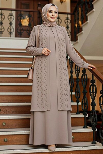 Neva Style Bead Embroidered Beige Hijab Abaya 29120Beige