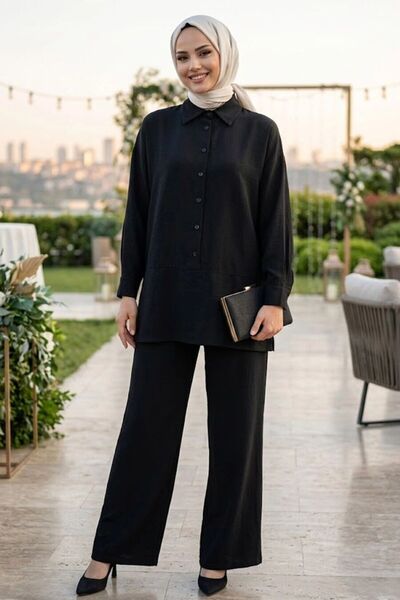 Neva Style Buttoned Black Hijab Double Suit 67751S