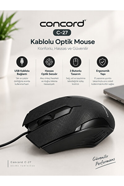 Concord C-27 Kablolu Optik Mouse – Ergonomik 3 Butonlu Siyah Bilgisayar Faresi