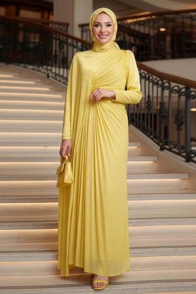 N.S NEVA STYLE Pelerin Detaylı Sarı Tesettür Abiye Elbise 52142SR