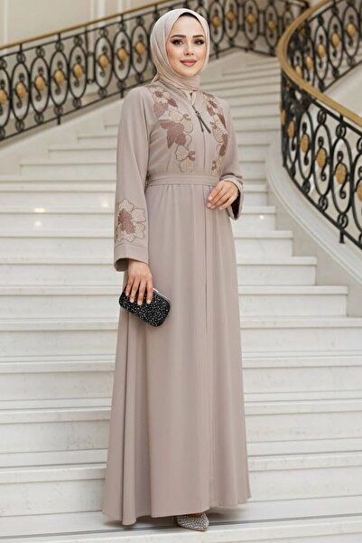 Neva Style Nakış İşlemeli Bej Tesettür Ferace 29124BEJ