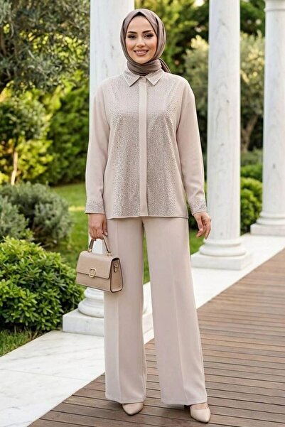 Neva Style Imported Crepe Beige Stone Embroidered Hijab Double Set 95726Bej