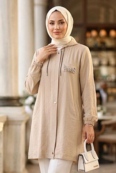 Neva Style قبعة حجاب بيج من قماش الفراولة مع تفاصيل ربطات برباط 15241BEJ