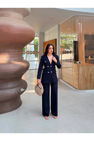 Female Clothing feme clothing Lacivert Düğmeli Blazer Ceket Esnek Pantolon Şı...