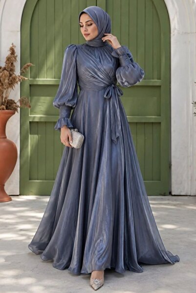 N.S NEVA STYLE Gray Hijab Evening Dress with Bell Draped Tie Detail 5668Gr