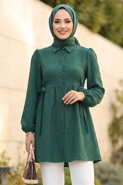 N.S NEVA STYLE تونيك إسلامي أخضر بأزرار وحزام عند الخصر 51091Y