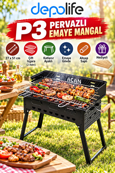 Genel Markalar Pervazlı Emaye Mangal P3 Battal Boy Barbekü Çift Kömürlü Izgar...